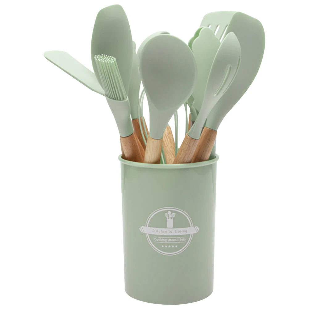 12-Piece Silicone Kitchen Utensil Set with Wooden Handles