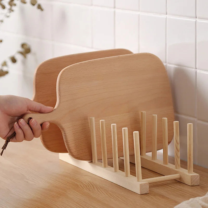 Wooden Dish Rack & Kitchen Organizer — Multi-Use Plate, Cup & Lid Holder