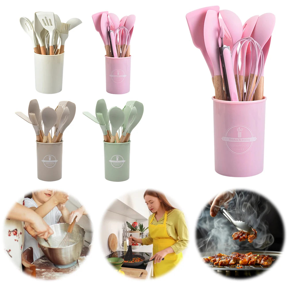 12-Piece Silicone Kitchen Utensil Set with Wooden Handles