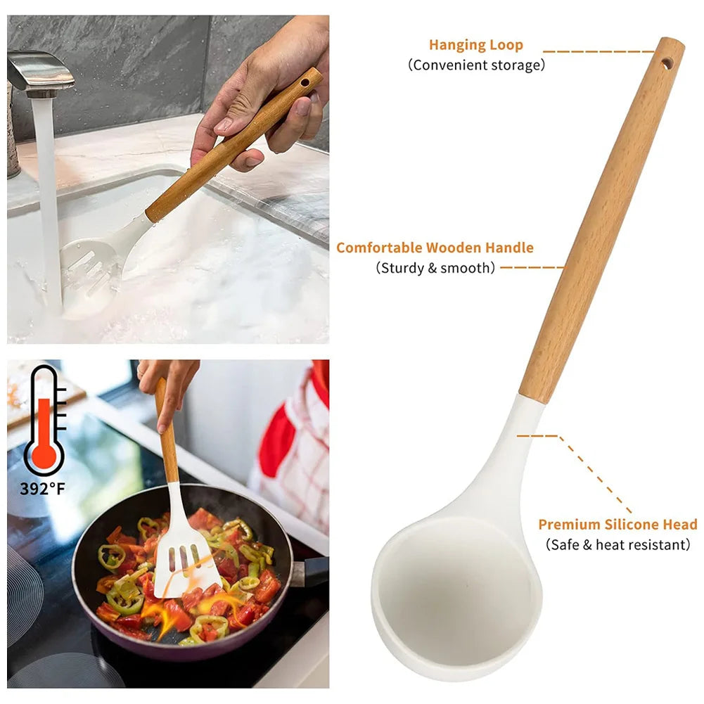12-Piece Silicone Kitchen Utensil Set with Wooden Handles