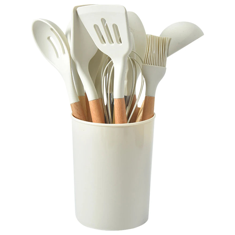 12-Piece Silicone Kitchen Utensil Set with Wooden Handles