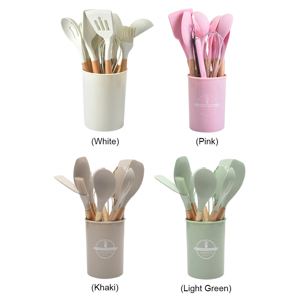 12-Piece Silicone Kitchen Utensil Set with Wooden Handles