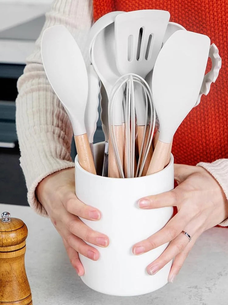 12-Piece Silicone Kitchen Utensil Set with Wooden Handles