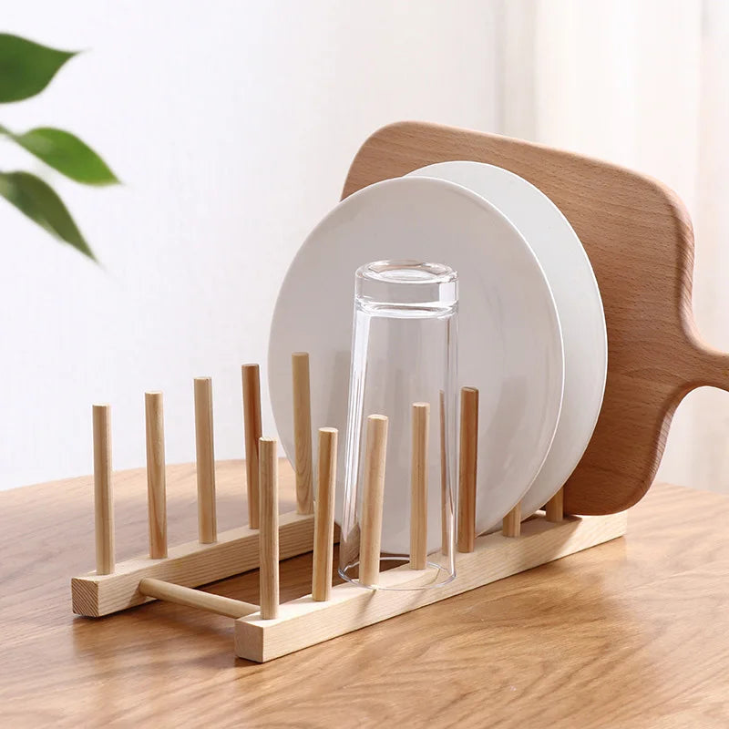 Wooden Dish Rack & Kitchen Organizer — Multi-Use Plate, Cup & Lid Holder
