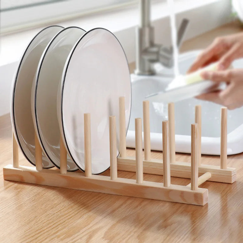 Wooden Dish Rack & Kitchen Organizer — Multi-Use Plate, Cup & Lid Holder