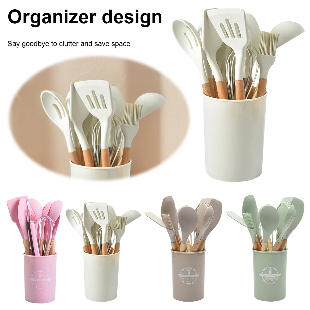 12-Piece Silicone Kitchen Utensil Set with Wooden Handles