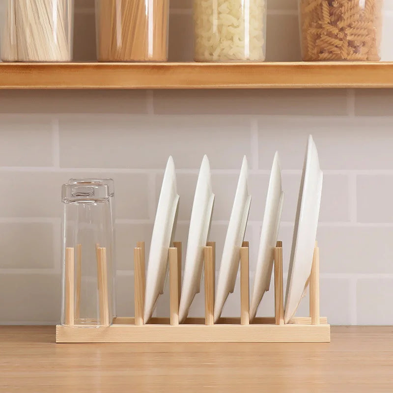 Wooden Dish Rack & Kitchen Organizer — Multi-Use Plate, Cup & Lid Holder