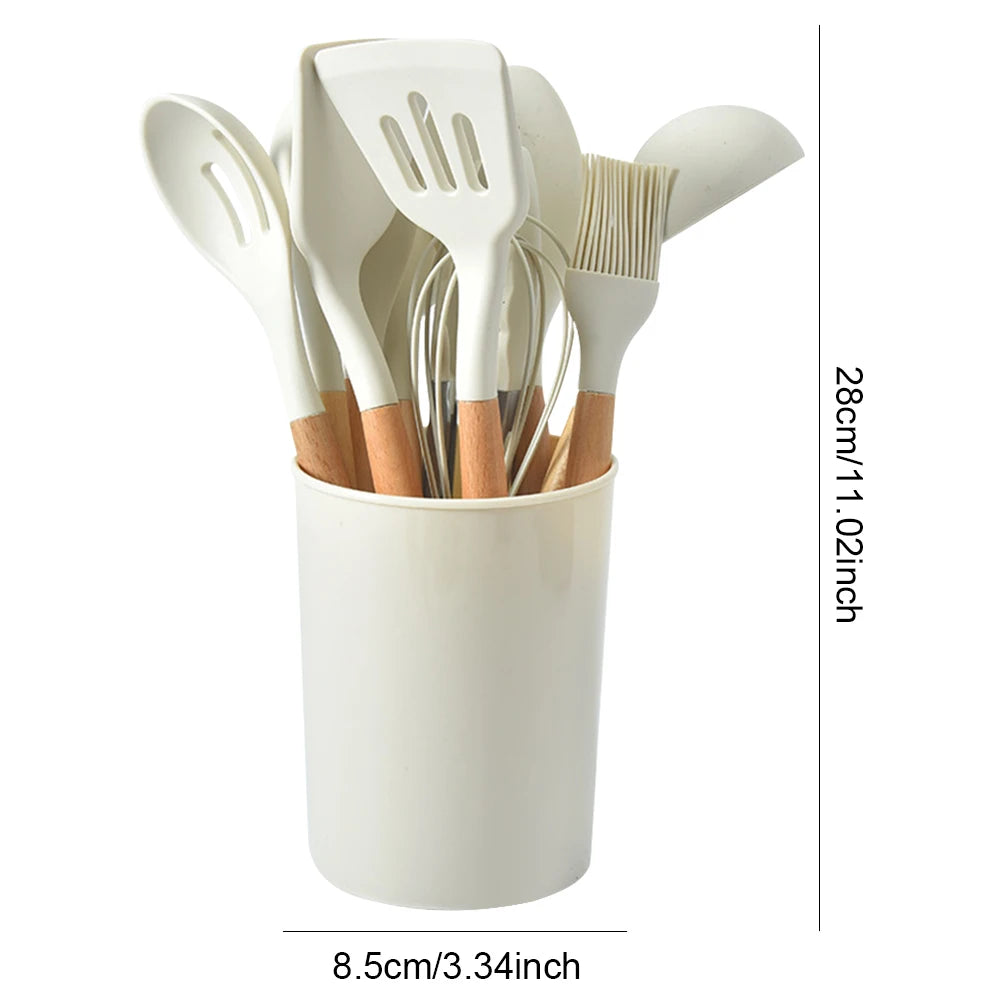 12-Piece Silicone Kitchen Utensil Set with Wooden Handles