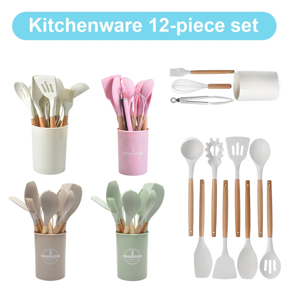 12-Piece Silicone Kitchen Utensil Set with Wooden Handles