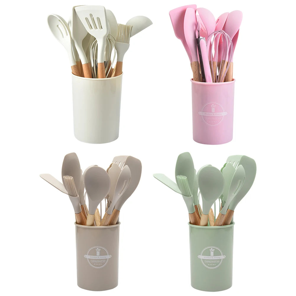 12-Piece Silicone Kitchen Utensil Set with Wooden Handles