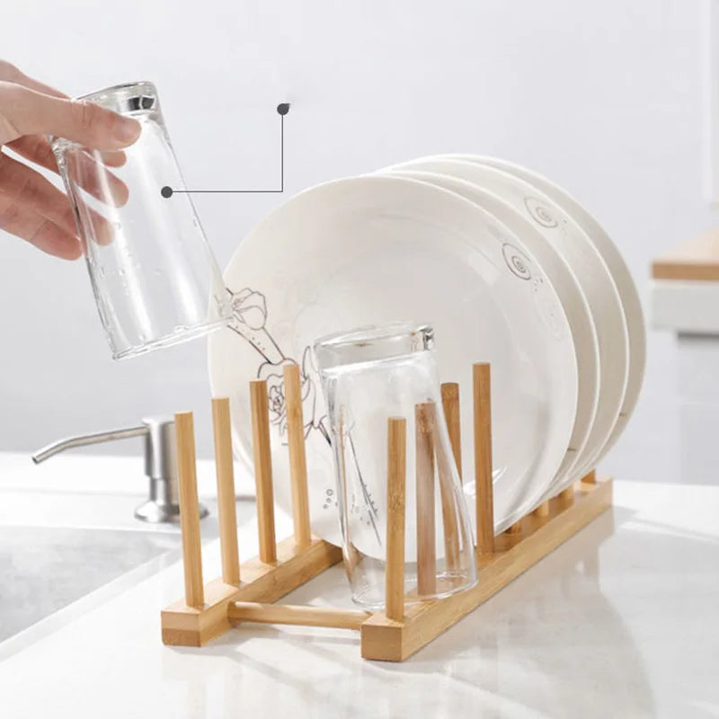 Wooden Dish Rack & Kitchen Organizer — Multi-Use Plate, Cup & Lid Holder