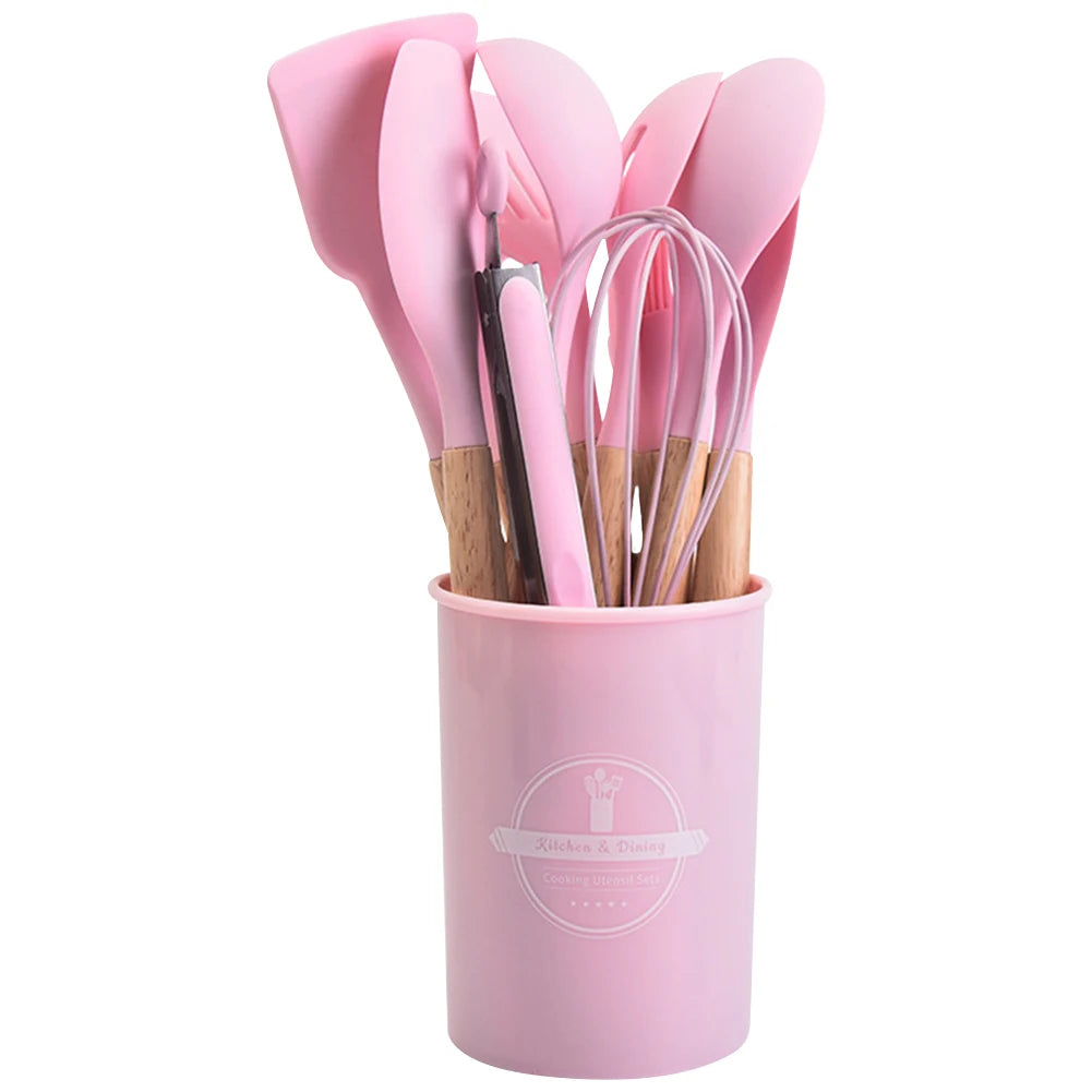 12-Piece Silicone Kitchen Utensil Set with Wooden Handles