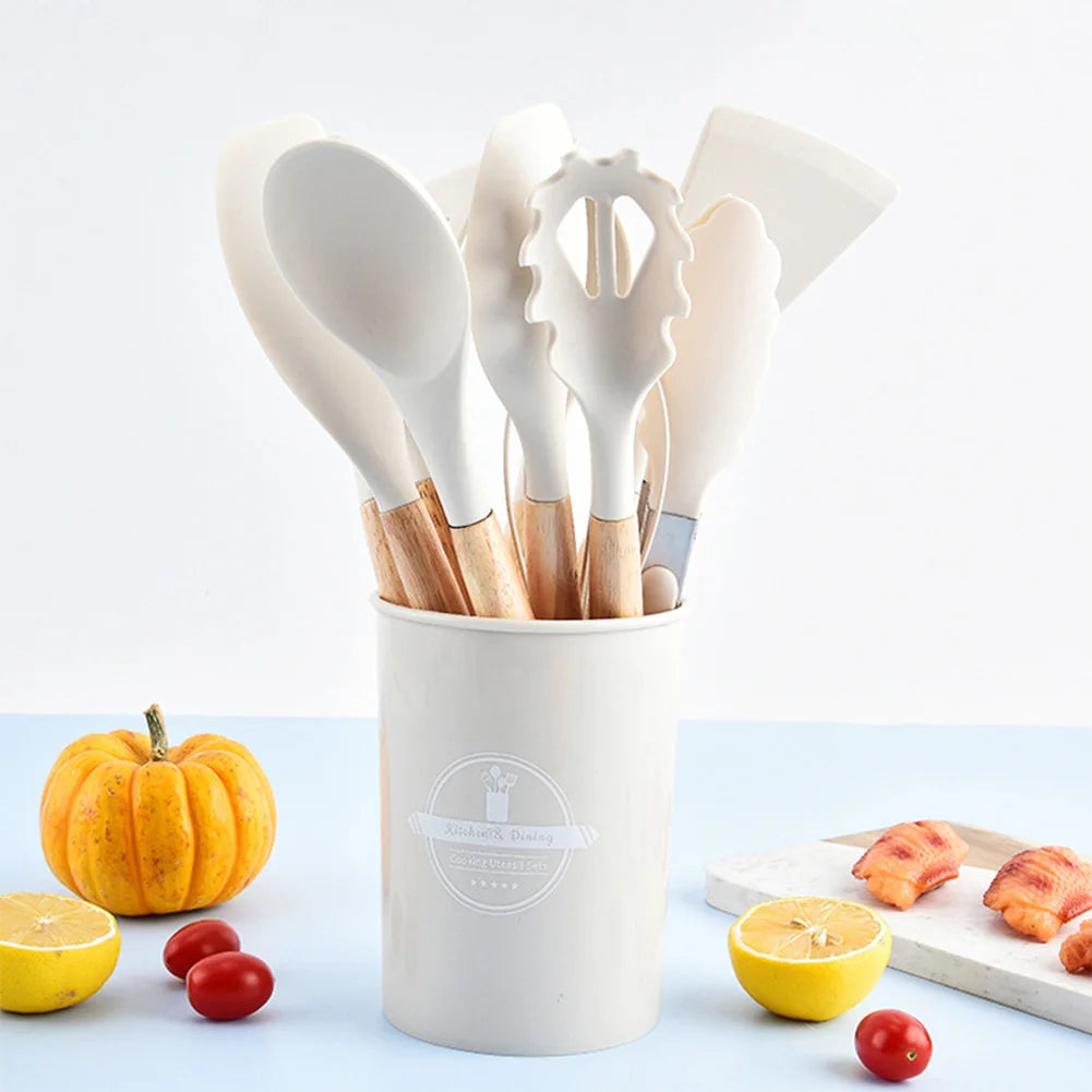 12-Piece Silicone Kitchen Utensil Set with Wooden Handles