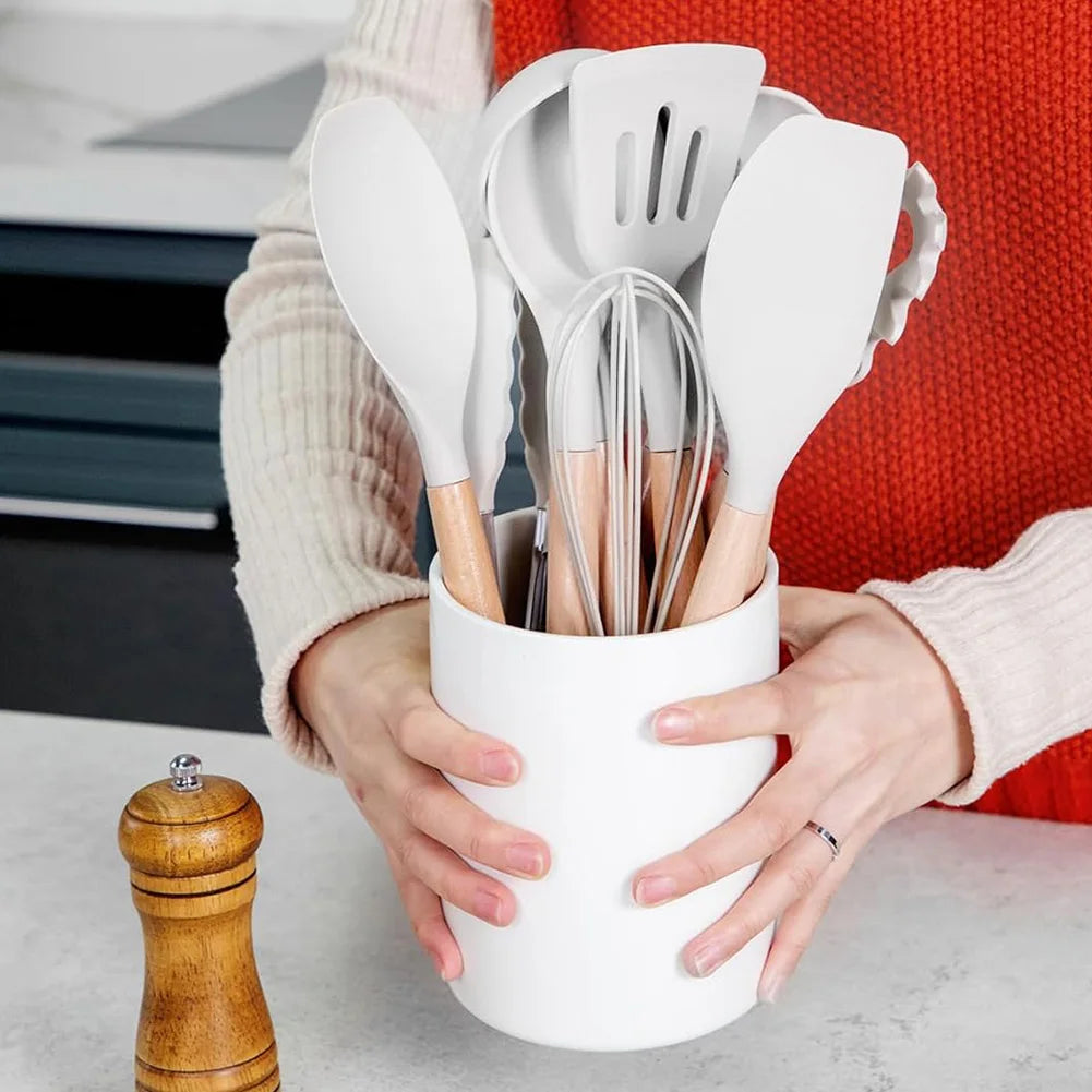 12-Piece Silicone Kitchen Utensil Set with Wooden Handles
