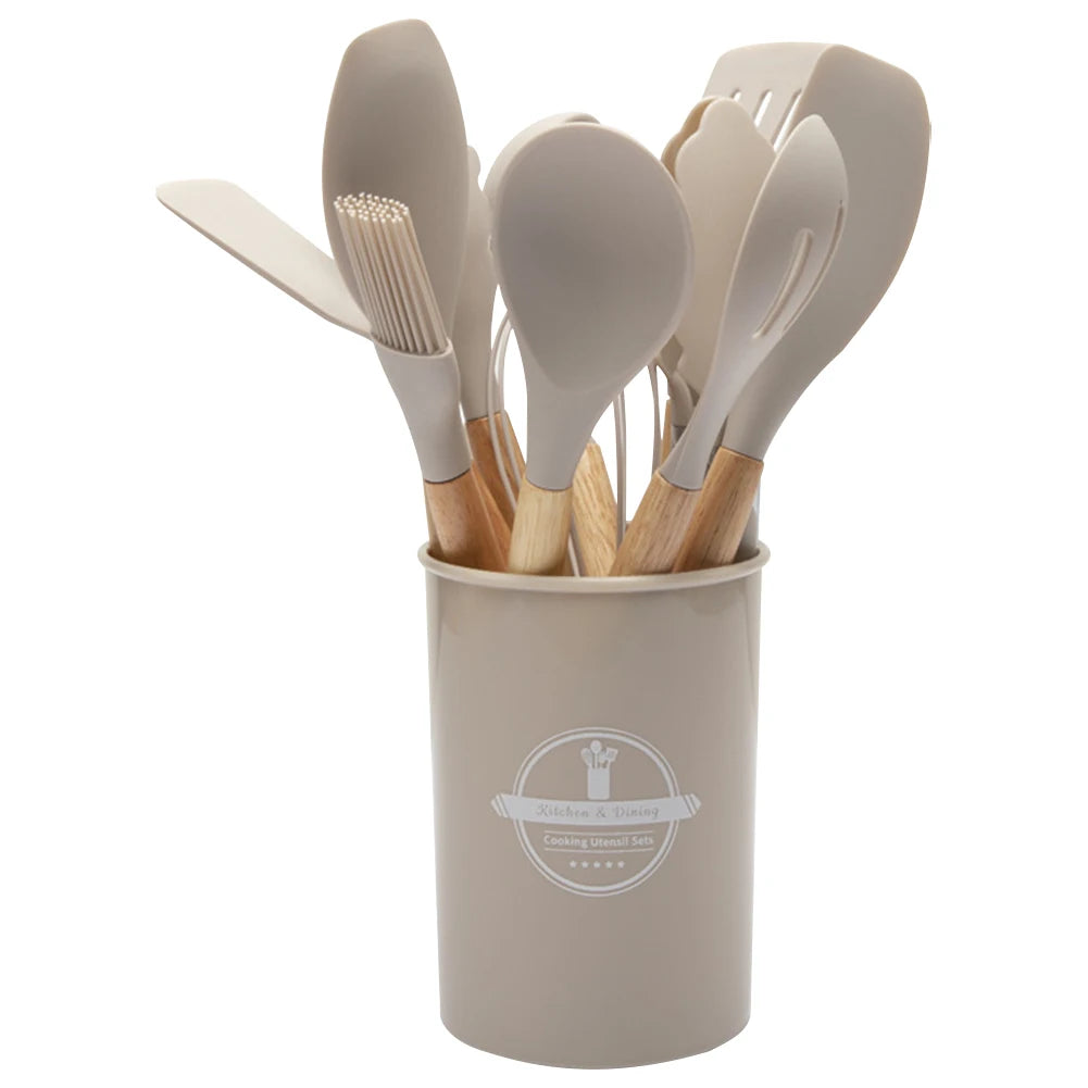 12-Piece Silicone Kitchen Utensil Set with Wooden Handles