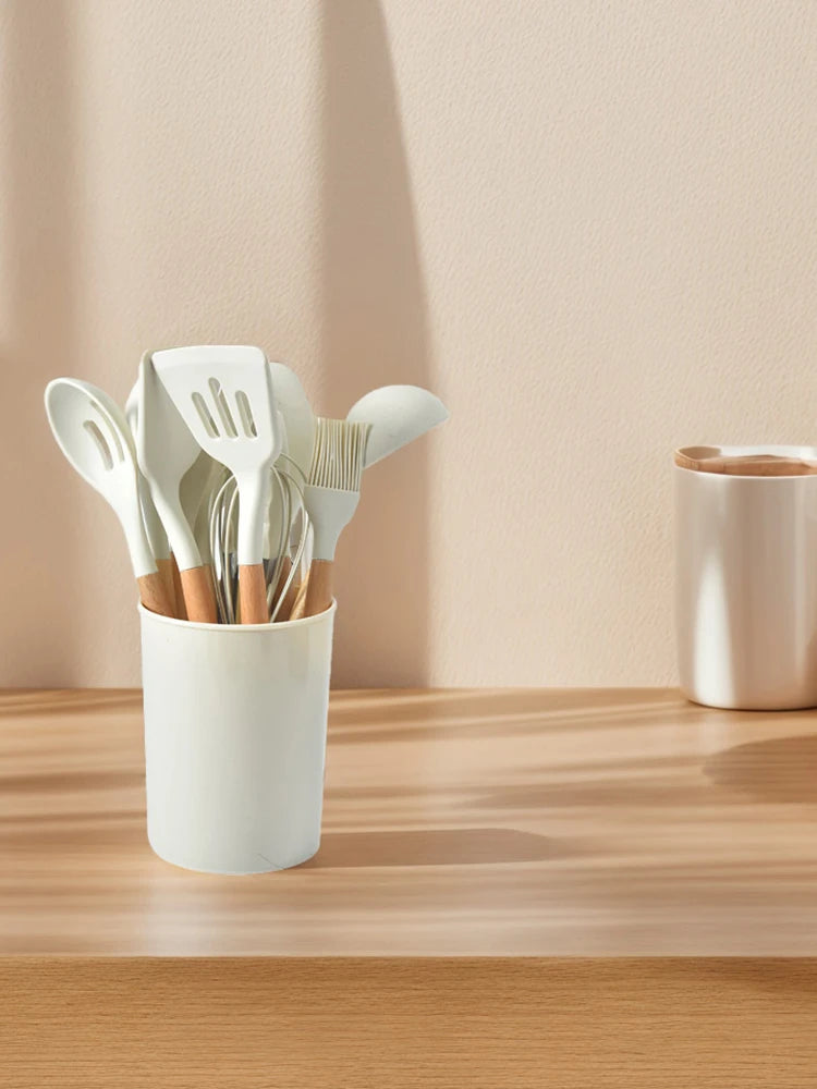12-Piece Silicone Kitchen Utensil Set with Wooden Handles